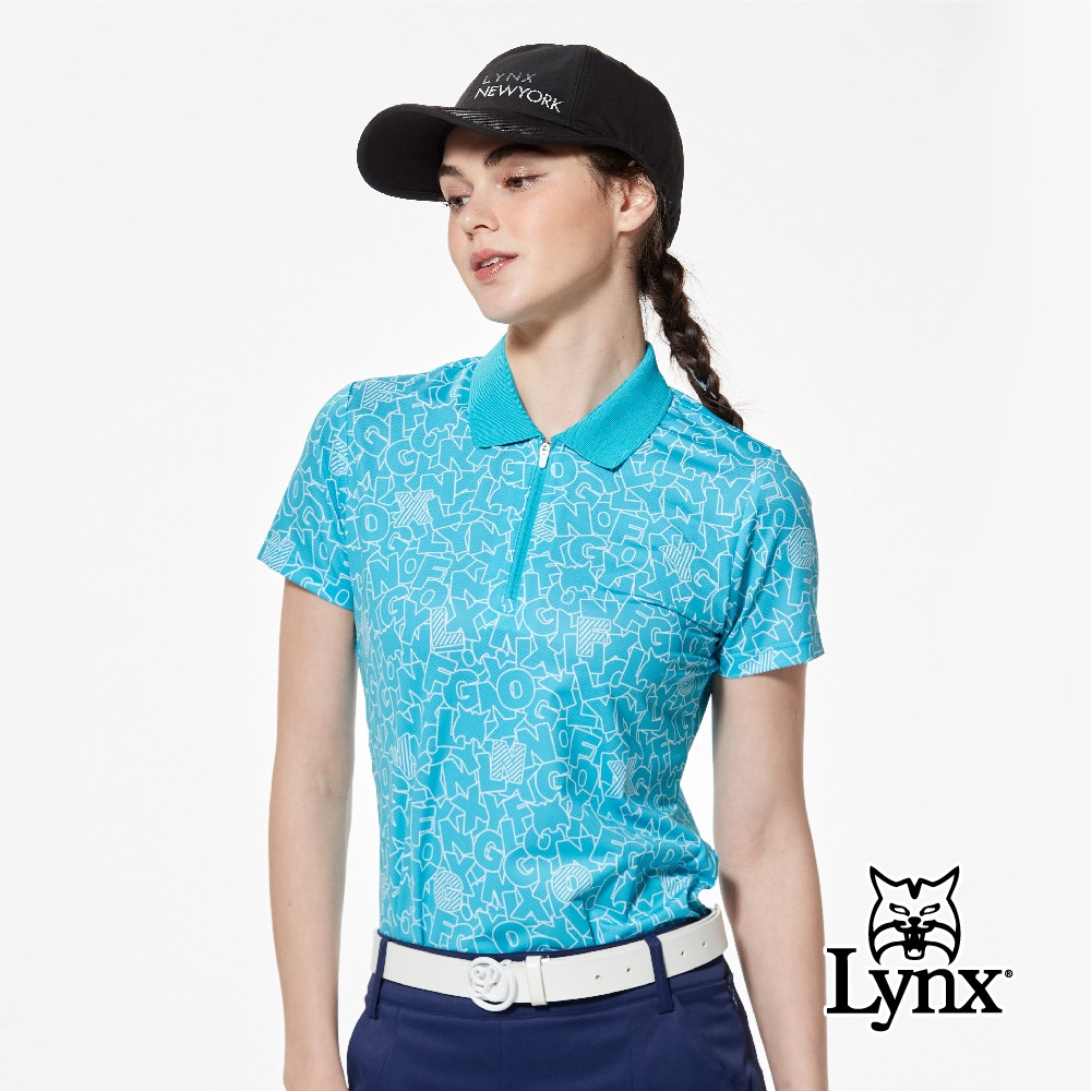 【Lynx Golf】女款吸溼排汗滿版LOGO塗鴉感印花後背配布剪裁短袖立領POLO衫/高爾夫球衫(二色) (薄荷綠色)