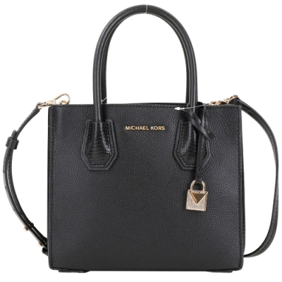 Michael Kors Mercer 中款 蜥蜴紋壓花拼接手提/斜背風琴包(黑色)