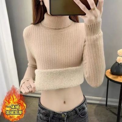 La Belleza素色高領翻領螺紋內裡仿水貂毛加絨加保暖針織上衣