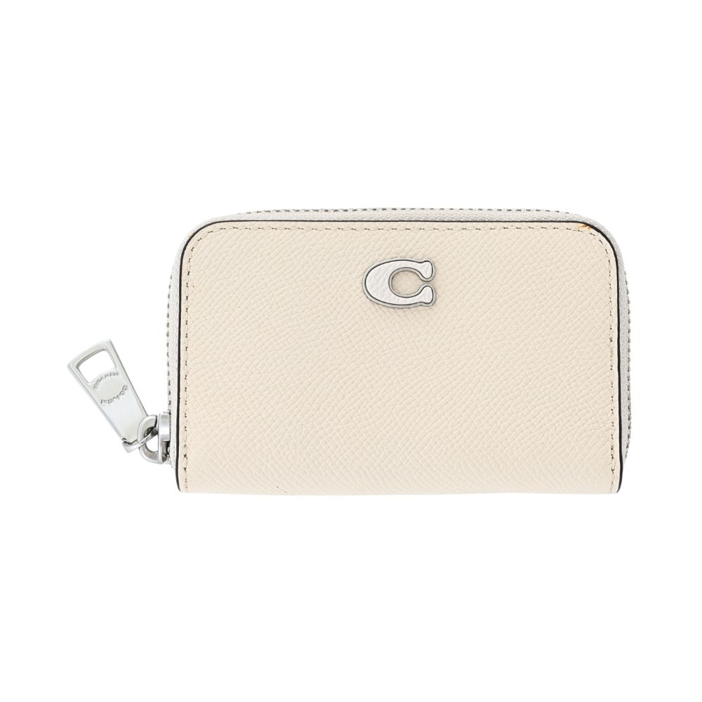 COACH C字Logo粉筆白荔枝紋拉鍊內雙層卡夾零錢包