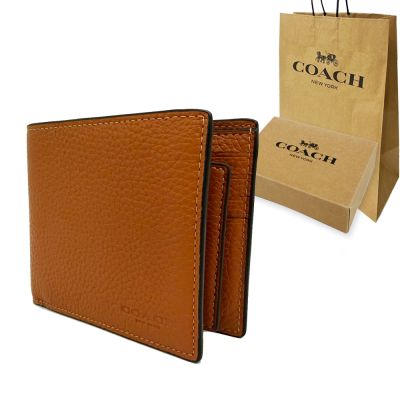 COACH 男款素面牛皮8卡附活動證件夾短夾禮盒+紙袋(楓糖咖)