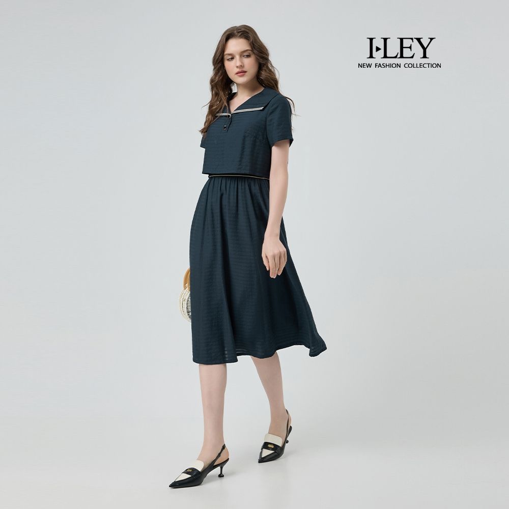 ILEY伊蕾 清新水手領假兩件式縲縈洋裝(深藍；M-XL)