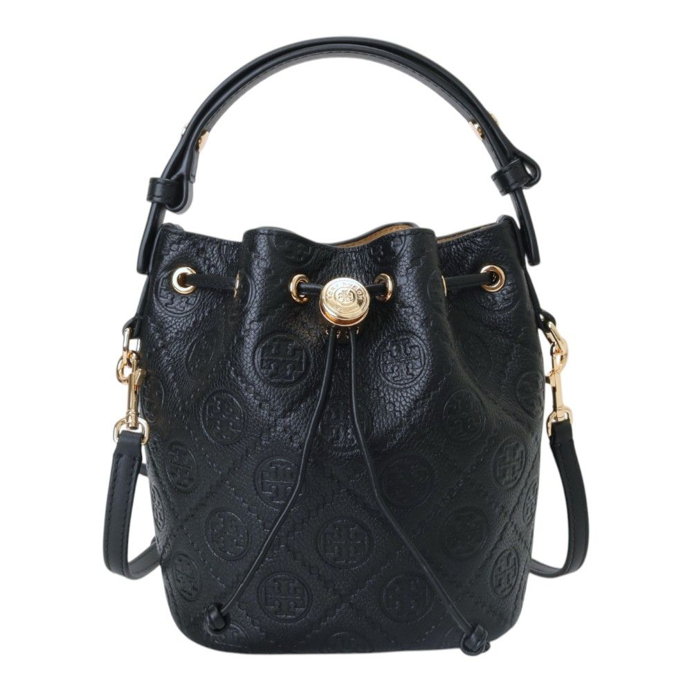 TORY BURCH 壓紋LOGO皮革兩用水桶包(黑色)