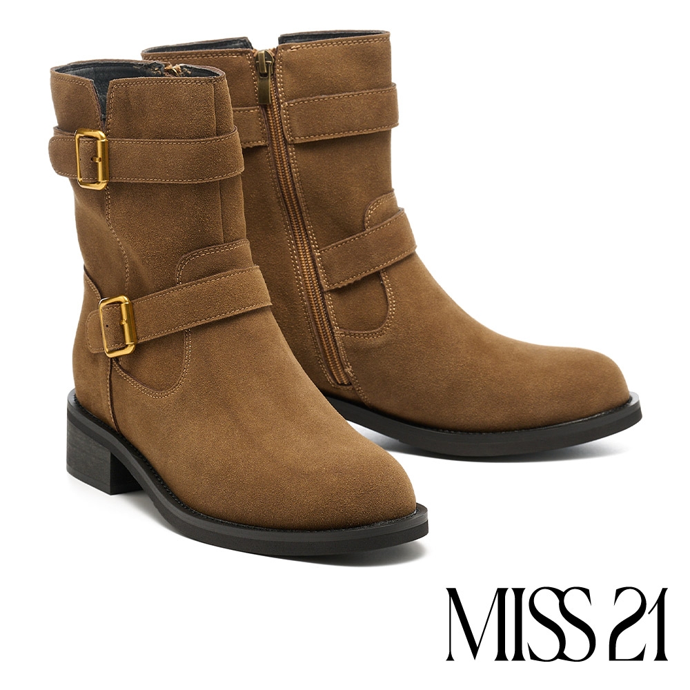 短靴 MISS 21 率性懷舊方釦雙寬帶牛麂皮高跟短靴－綠