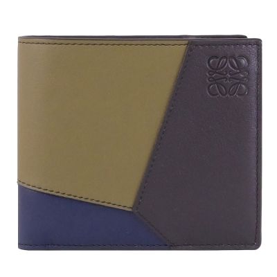 LOEWE PUZZLE 幾何撞色拼接牛皮對開式四卡零錢短夾(綠)