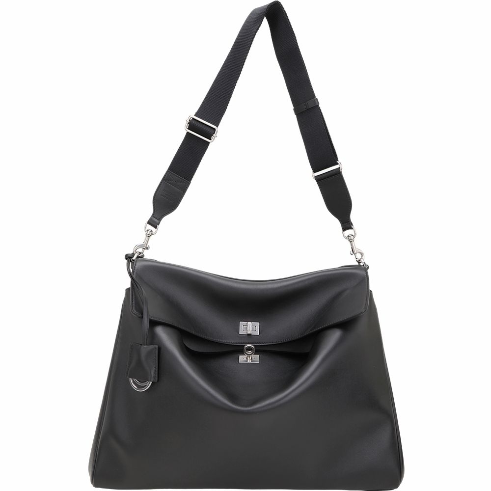 BALENCIAGA 巴黎世家 Rodeo 中型 旋釦小牛皮垂墜肩/斜背包(黑色)