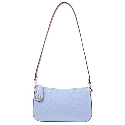 COACH 滿版浮雕LOGO漆面皮革肩背小提包(灰藍)