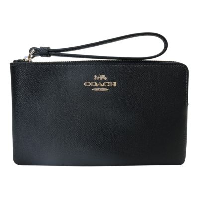 COACH 金屬馬車L型 拉鍊掛帶單層大手拿包(素面黑)