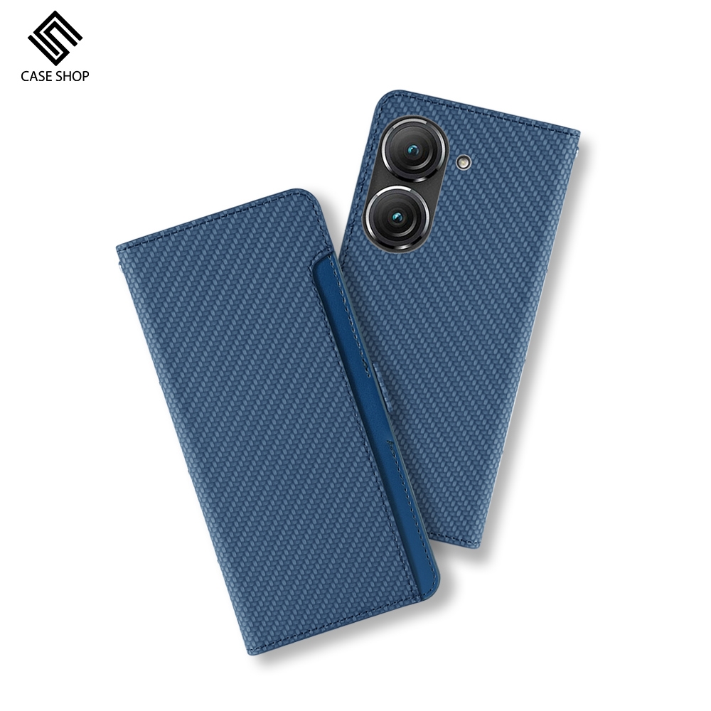 CASE SHOP ASUS Zenfone 9 前插卡側立式皮套-藍| ASUS適用手機殼套
