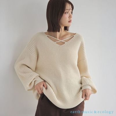 〚earth music〛防毛球加工2WAY前後穿交叉V領寬版針織上衣