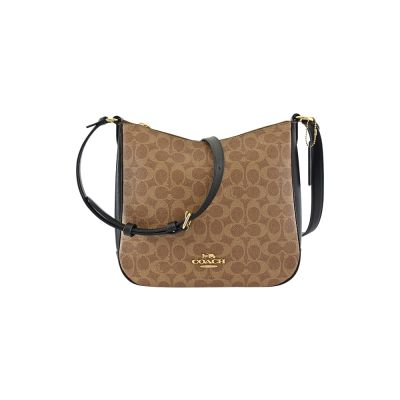 COACH 棕色C LOGO防刮PVC 拼接黑色素面皮革拉鍊斜背扁包