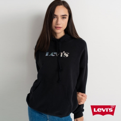 Levis 女款 重磅口袋帽T Oversize寬鬆版型 珍珠虹彩Logo 400GSM厚棉 黑