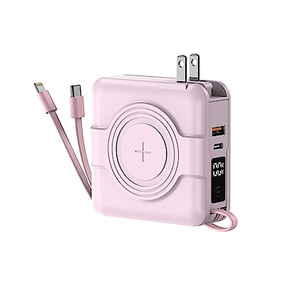 【 PAPAGO!】第二代多功能七合一10000mAh自帶線萬用充行動電源A338-快-櫻花粉