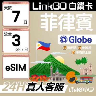 LINKGO白鑽卡 菲律賓 eSIM卡 Globe電信 7天上網絡卡 每日3GB 高速流量(菲律賓網絡卡 宿霧 巴拉望 馬尼拉)