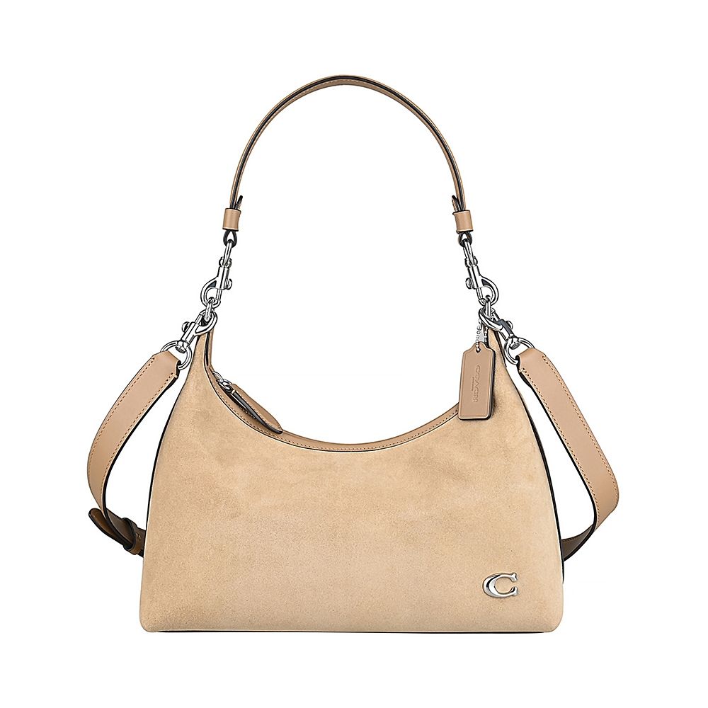 COACH JULIET 立體金屬LOGO麂皮拼牛皮內襯帆布肩背斜背包(花生棕)