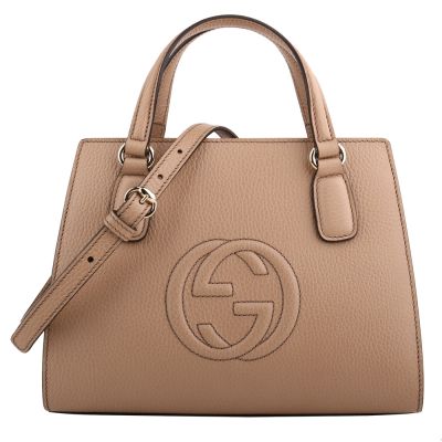 GUCCI-雙G浮印皮革手提斜背包黛妃包(奶茶色)中