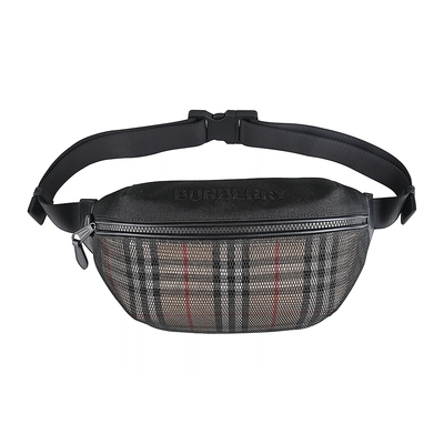 BURBERRY 巴寶莉 Sonny精緻立體繡字LOGO網布結合格紋帆布腰包胸掛包(男款/黑x米格紋)