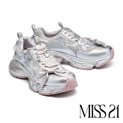 休閒鞋 MISS 21 酷潮嬌滴滴蝴蝶結緞帶蕾絲網布大頭厚底休閒鞋－銀