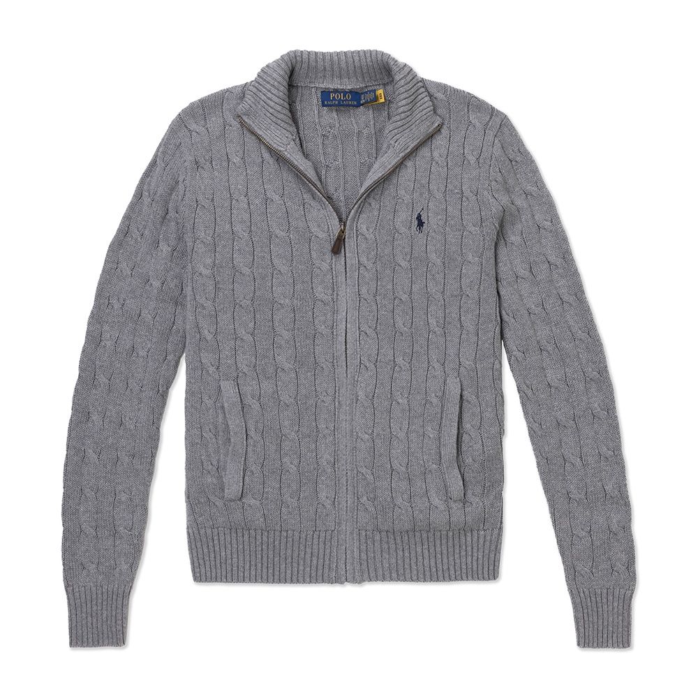 Polo Ralph Lauren RL 熱銷刺繡小馬立領麻花毛衣外套-灰色