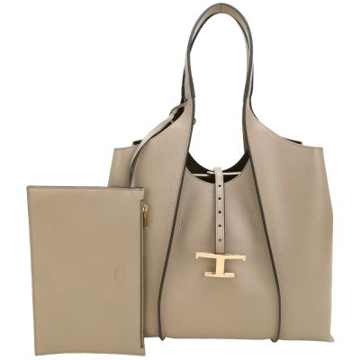 TOD’S TODS Timeless 中型 T字釦帶小牛皮托特包(附萬用包/可可色)