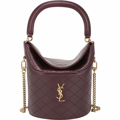 YSL Saint Laurent Gaby 菱格絎縫小羊皮半硬挺手提 肩斜背水桶包(酒紅)