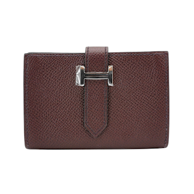 Hermes 愛馬仕 展示品 Mini Bearn Epsom牛皮銀Logo對折卡片零錢夾(馬鞍紅)