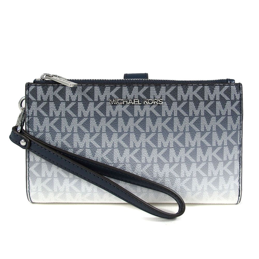 MICHAEL KORS Jet Set Travel 銀字Logo防刮漸層雙層拉鍊手提長夾(海軍藍)