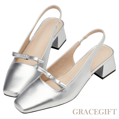 【Grace Gift】優雅日常方頭蝴蝶結細帶簍空跟鞋 銀