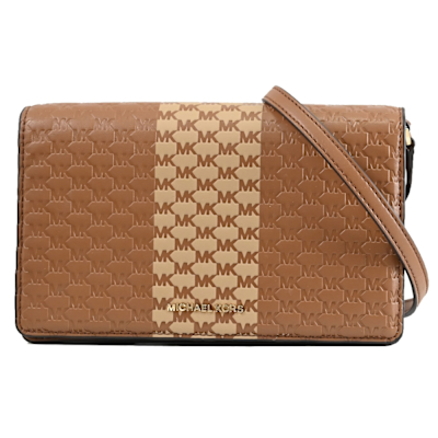 MICHAEL KORS JET SET 浮雕金屬LOGO壓紋皮革翻蓋式斜背包(咖)