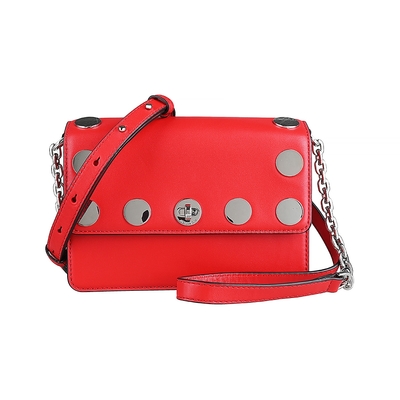 展示品 MK MICHAEL KORS RIVINGTON STUD銀字LOGO牛皮圓金屬設計旋釦式鏈帶斜背包(亮紅)