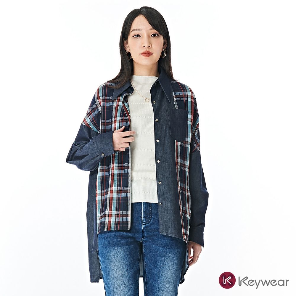 KeyWear奇威名品 拼接分割結構長袖襯衫-深藍色