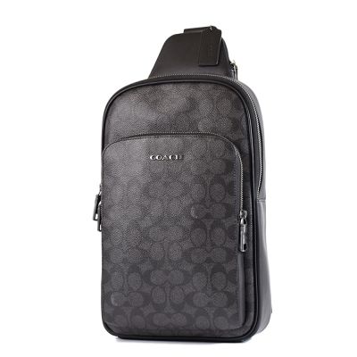 COACH 男款 緹花LOGO防刮拉鍊置物單肩背胸包-灰黑
