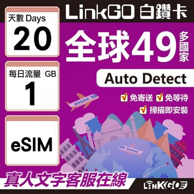 LINKGO白鑽卡 全球49國 eSIM卡 20天上網絡卡 每日1GB(全球網絡卡 亞洲 歐洲 美洲 大洋洲 非洲)