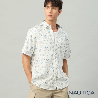 Nautica 官方旗艦 男裝 海島風印花短袖襯衫-白色