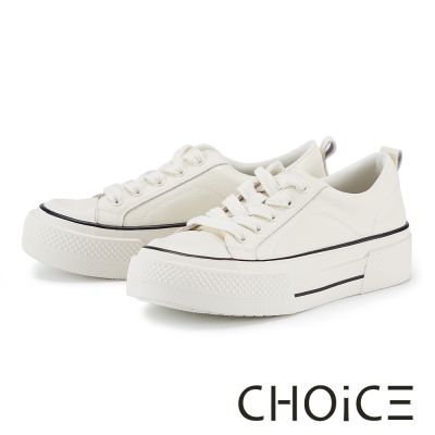 CHOiCE 壓紋牛貼皮街頭風厚底綁帶休閒鞋 米白