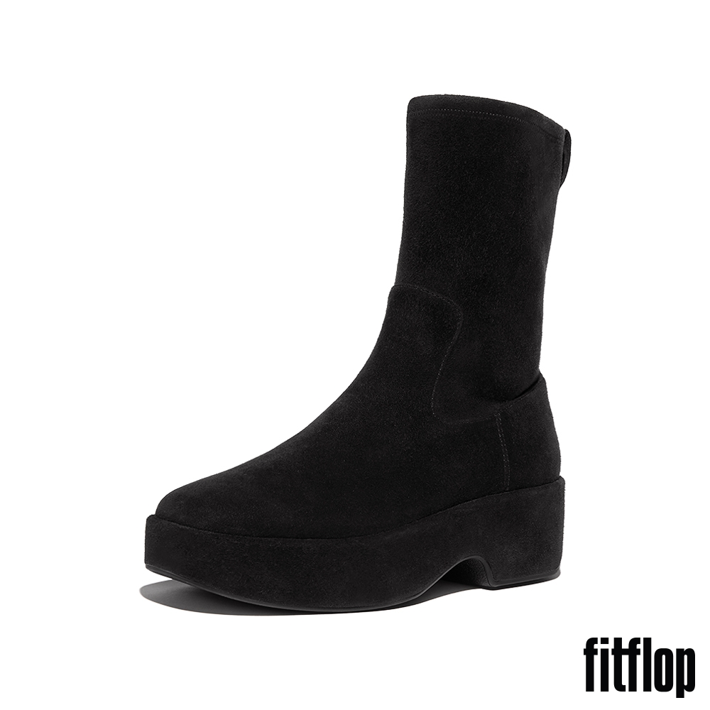 【FitFlop】F-LUMA 彈性麂皮方頭厚底中筒靴-女(靚黑色) (靚黑色)