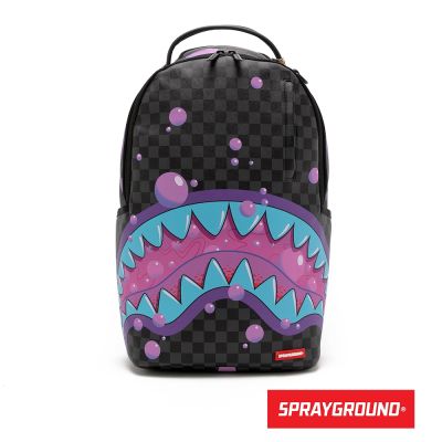 SPRAYGROUND-紫色泡泡棋盤格鋸齒鯊大容量後背包-黑色