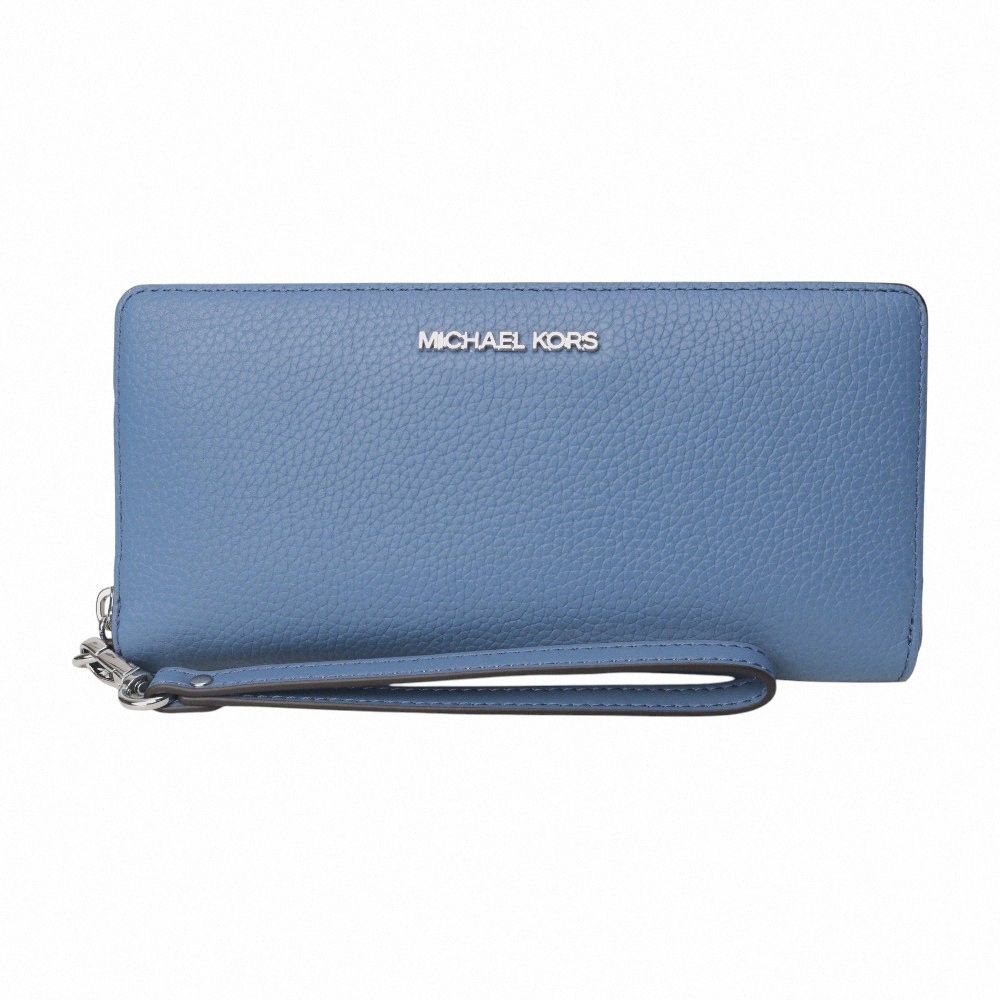 MICHAEL KORS 金字logo荔枝紋皮革拉鍊掛帶長夾(霧藍色)