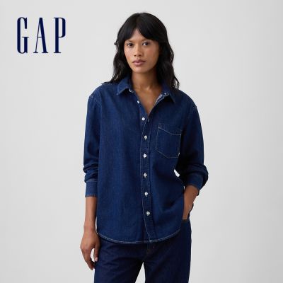 【GAP】寬版牛仔襯衫-深色水洗(907378)