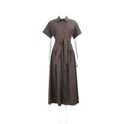 Max Mara Agoraio 可拆腰帶傘狀咖啡色純棉金屬孔襯衫式短袖洋裝 連身裙