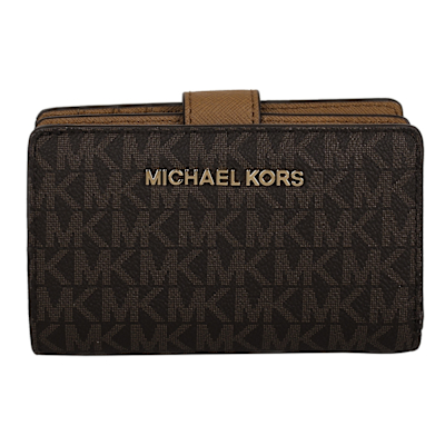 MICHAEL KORS 立體金字滿版防刮logo皮革釦式中夾(深咖)