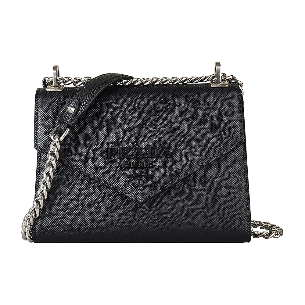 PRADA 普拉達  Saffianoco黑字母LOGO防刮牛皮釦式斜背包(黑)