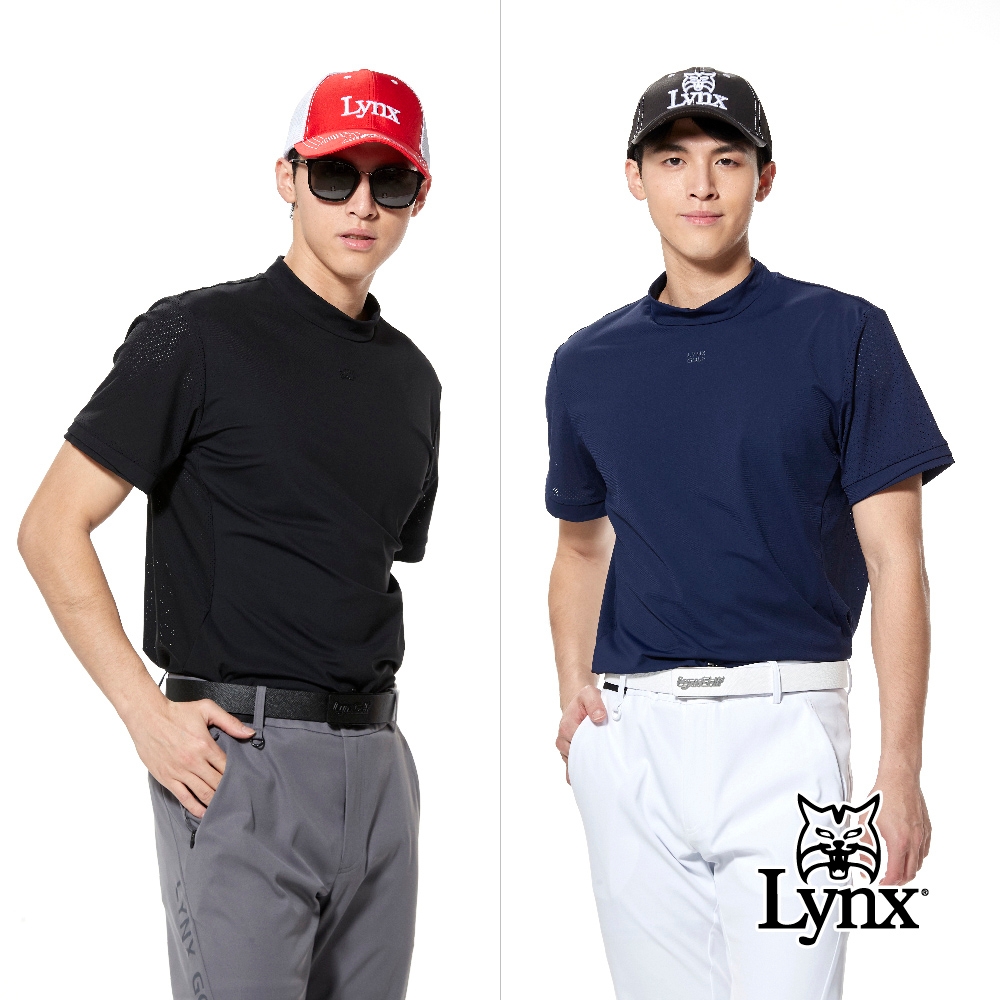 【Lynx Golf】首爾高桿風格！男款合身版涼感透氣舒適沖孔設計袖口交叉造型短袖圓領POLO衫/高爾夫球衫(二色) (黑色)