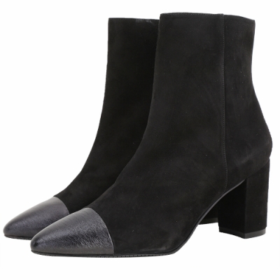 Stuart Weitzman JILL 麂皮拼接羊皮尖頭粗跟踝靴(黑色)