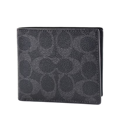 COACH 男款 緹花LOGO防刮皮革六卡短夾-黑色