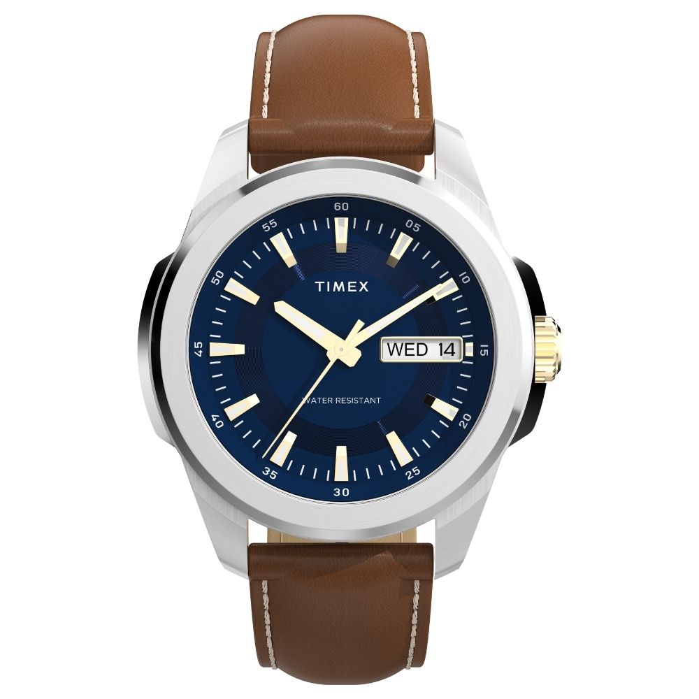 TIMEX 天美時 Essex Day and Date 都會魅力 45 毫米 皮革錶帶腕錶(藍x棕 TXTW2Y38100)