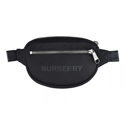 BURBERRY 巴寶莉 英文燙印灰字LOGO精緻尼龍拉鍊胸掛/腰包(黑)