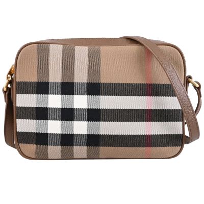 BURBERRY 格紋印花帆布斜背包/相機包(咖棕 23.5cm)