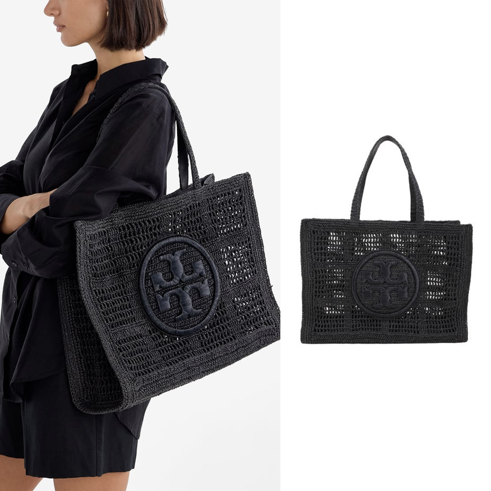TORY BURCH Ella 大型仿拉菲草紙手工編織肩背托特包(44CMx黑色) | 購物 TORY BURCH Ella 大型仿拉菲草紙手工編織肩背托特包(44CMx黑色) | 購物