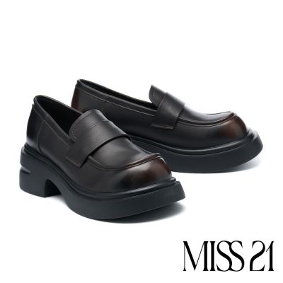 厚底鞋 MISS 21 復古學院風仿舊擦色樂福大頭厚底鞋-咖